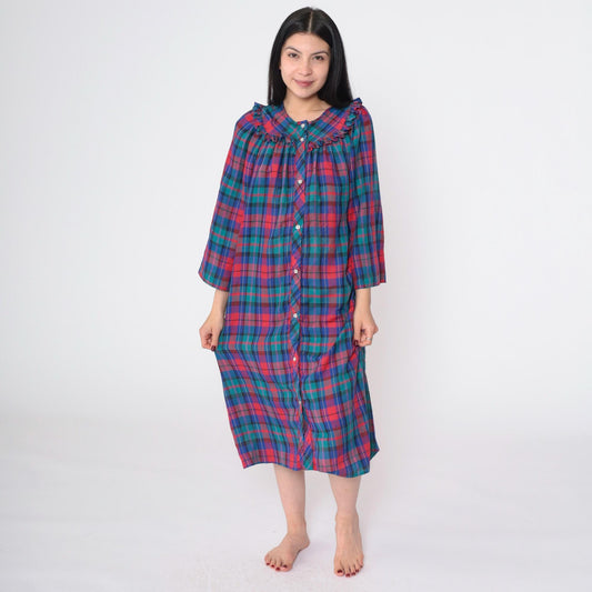 80s Plaid Button-Up Nightgown Red Blue Green Ruffled Yoke Long Sleeve Large