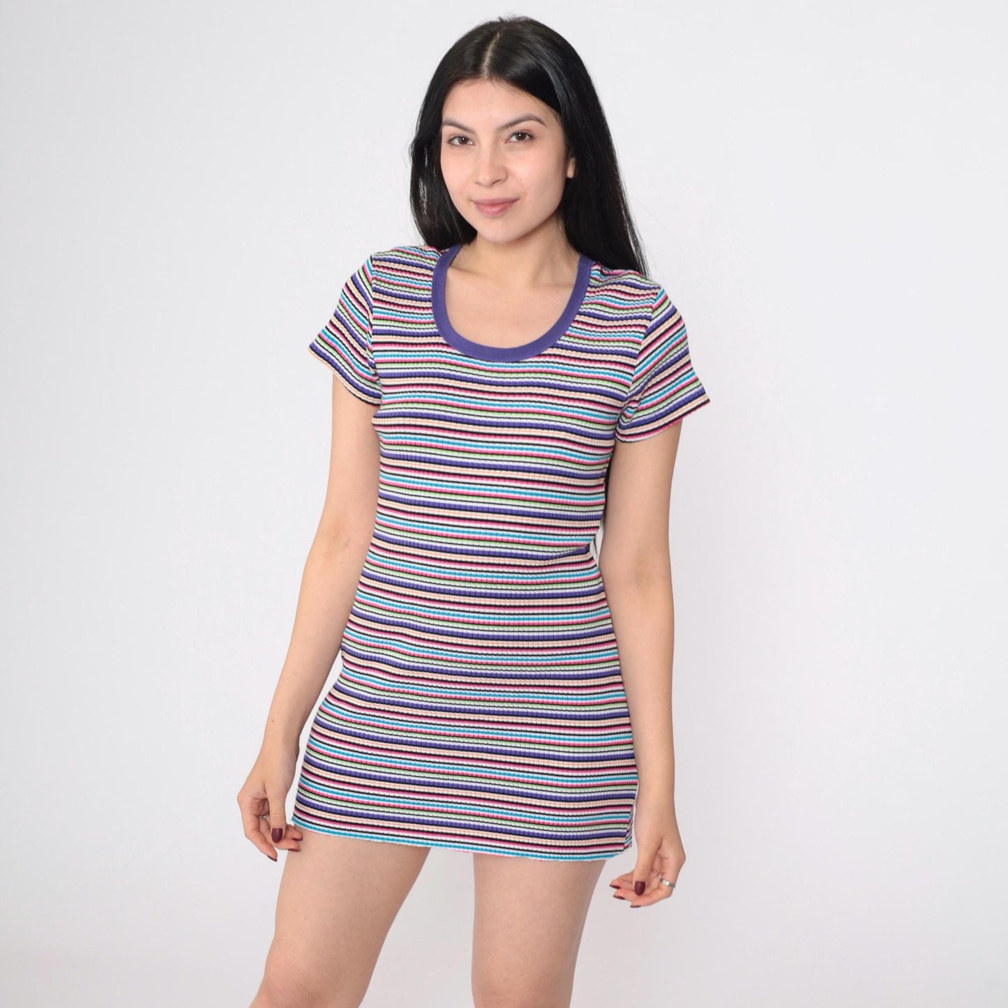 90s Y2K Purple Rainbow Striped Ringer Tee Dress Bodycon Mini Small
