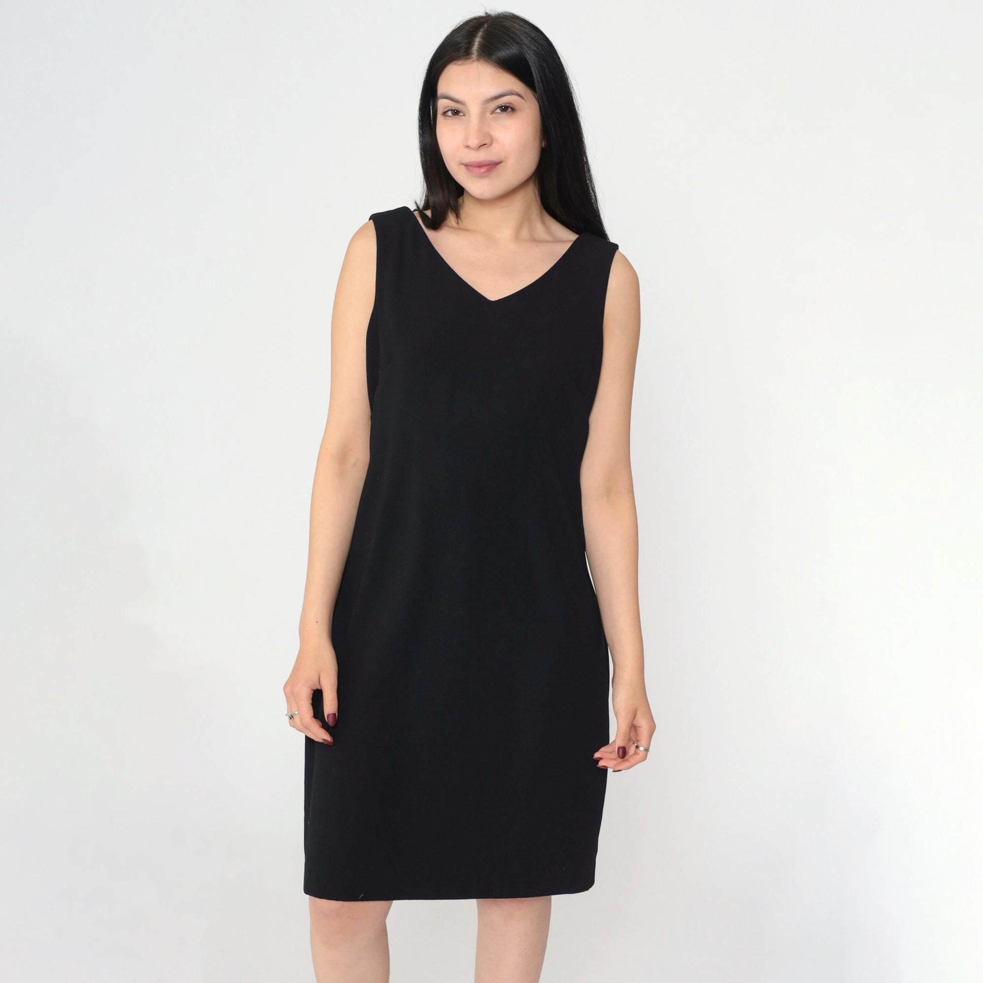 90s Black Shift Dress V-Neck Sleeveless Mini Solid Medium 8