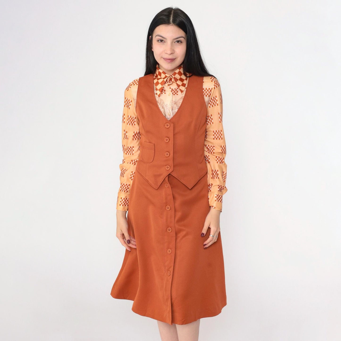 70s Bobbie Brooks Three-Piece Set Rust Brown Scenic Print Blouse Vest Midi Skirt Extra Small