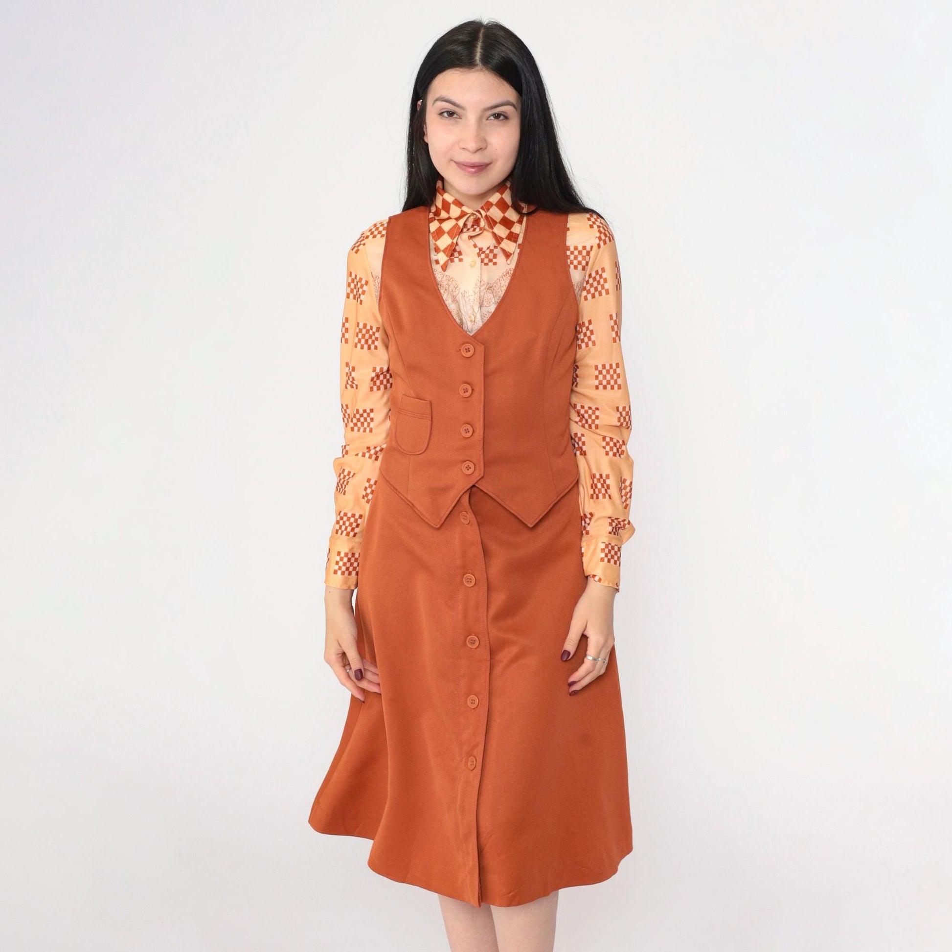 70s Bobbie Brooks Three-Piece Set Rust Brown Scenic Print Blouse Vest Midi Skirt Extra Small