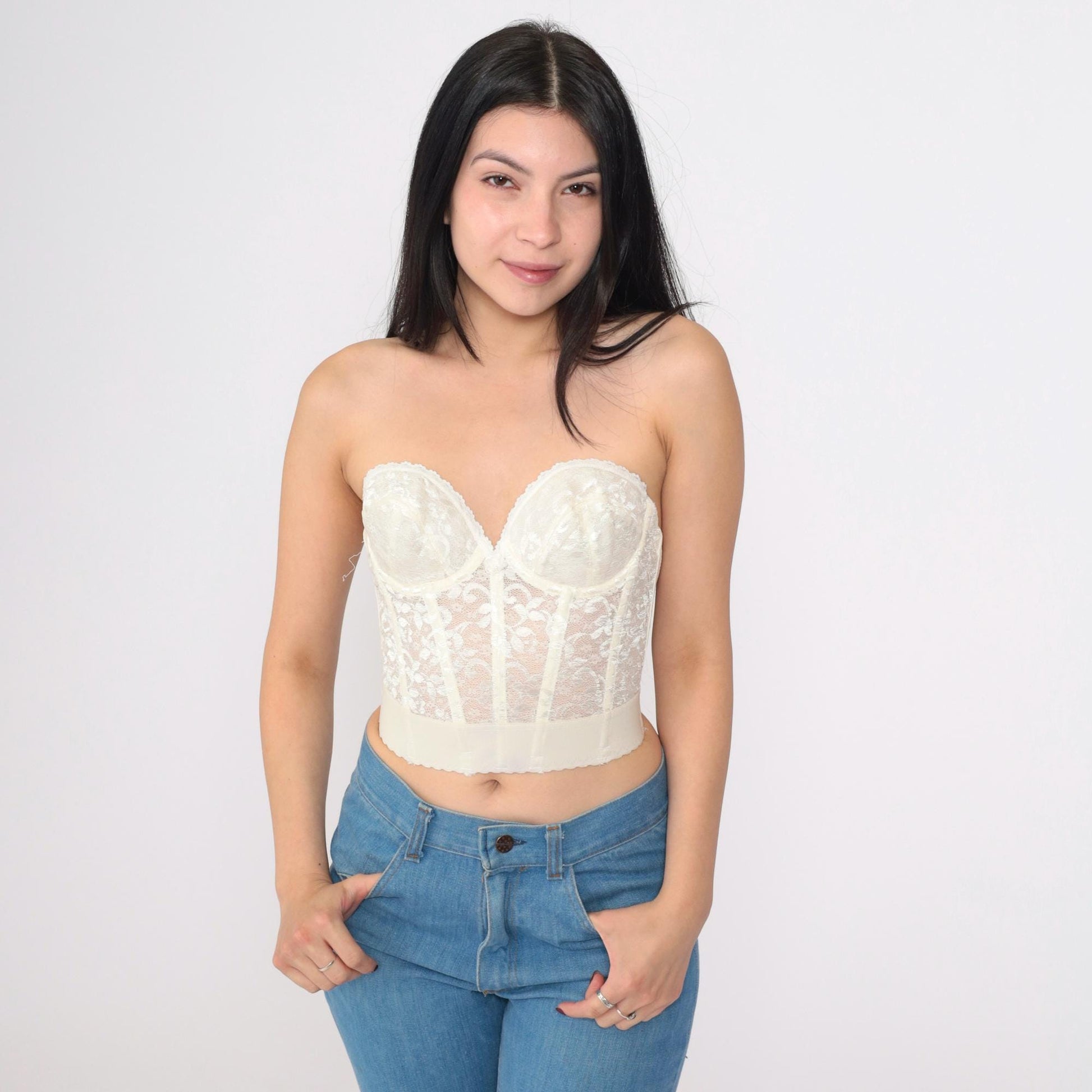 80s Carnival Lace Bustier Corset Off-White Sweetheart Strapless 34B