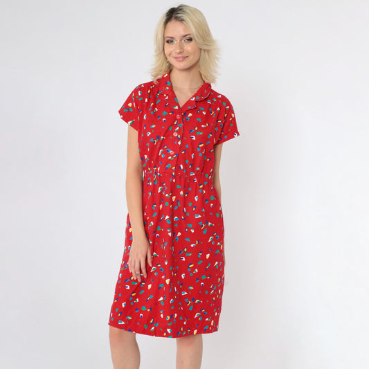 80s Red Confetti Print Midi Shirtdress Button Up High Waist Cap Sleeve Small