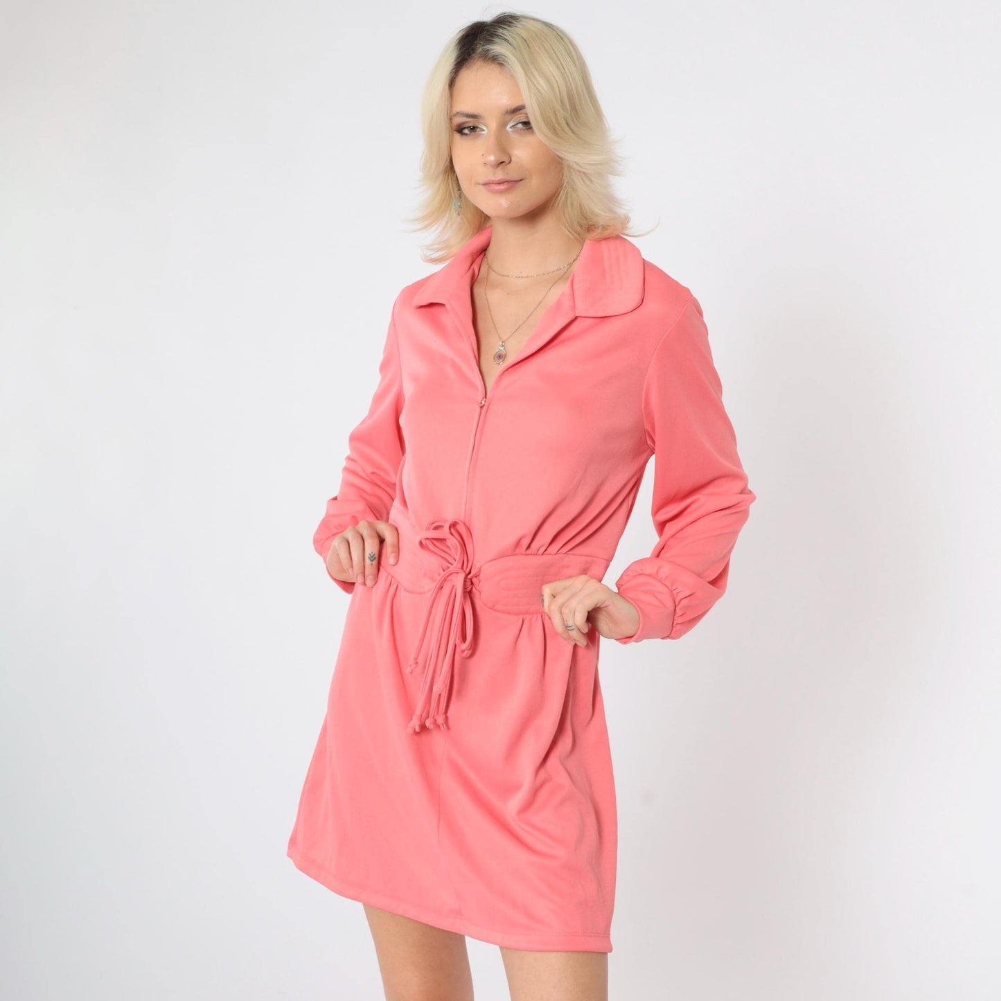 70s Pink Mod Mini Dress Zip Front Quilted Waist Long Sleeve Large