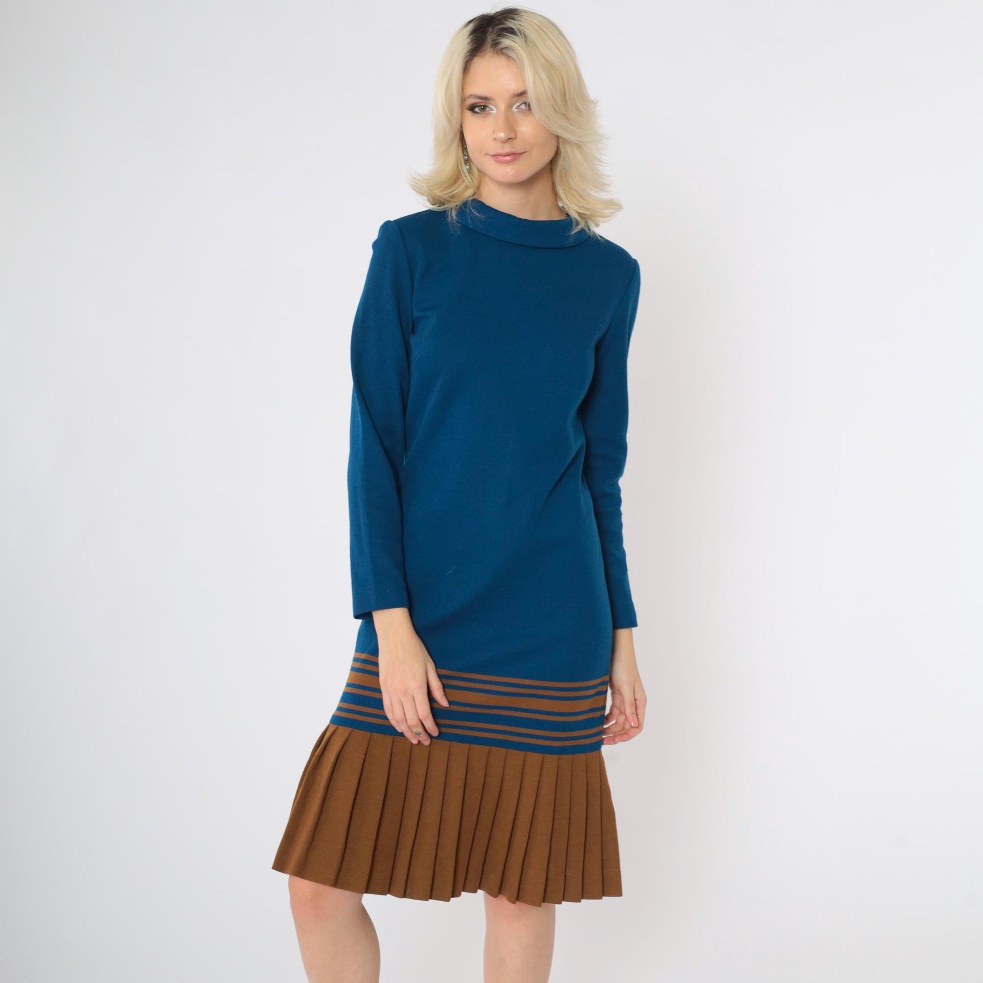 1960s Mod Scooter Dress Dark Blue Brown Striped Wool Drop Waist Small
