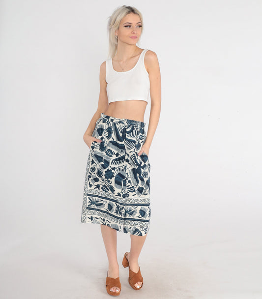 70s Campus Casuals Midi Skirt White Blue Floral Print High Waist Pockets Small