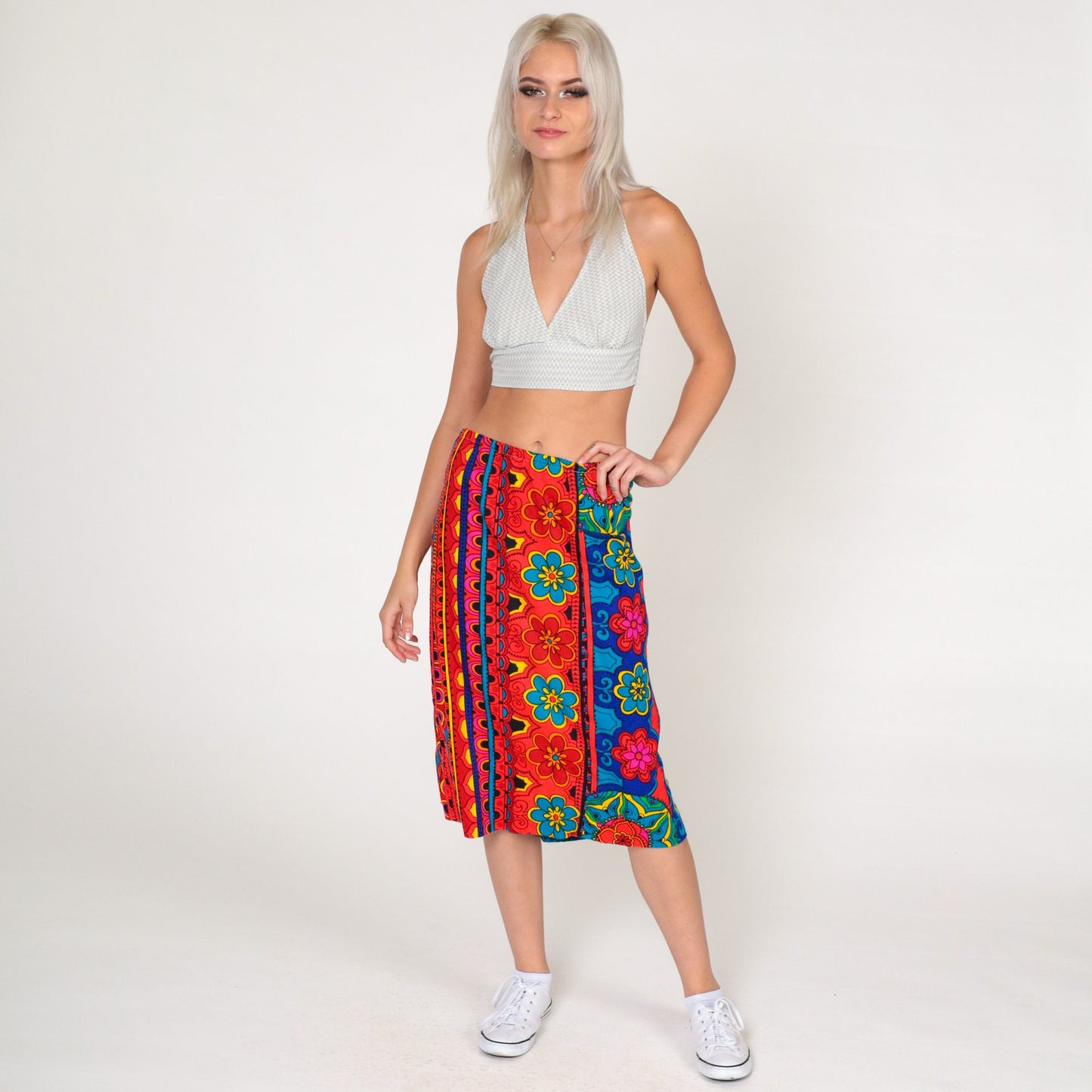 70s Floral Midi Skirt High Waist Blue Orange Striped Plus Size XL