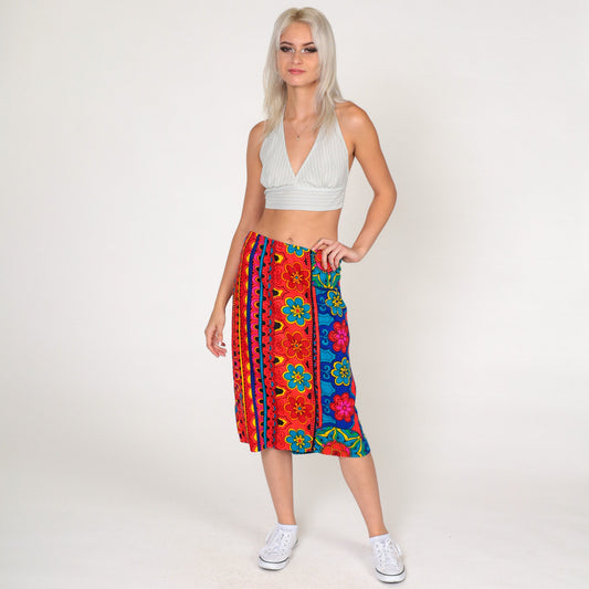 70s Floral Midi Skirt High Waist Blue Orange Striped Plus Size XL