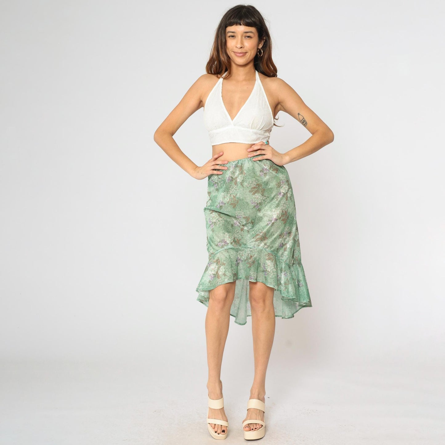 70s Green Floral High-Low Skirt Ruffled Hem Elastic Waist Small