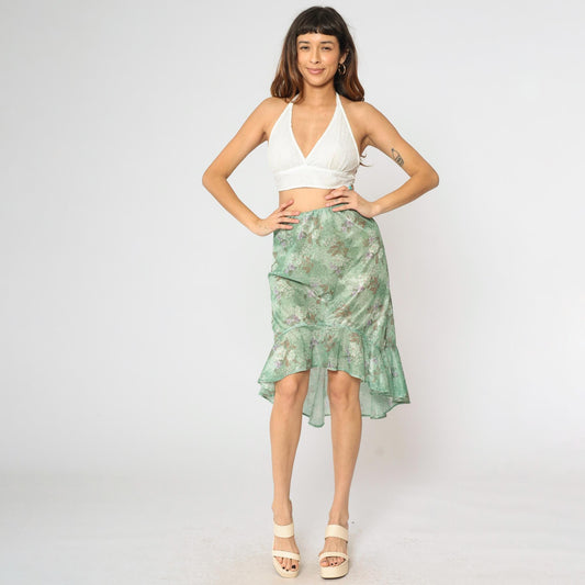 70s Green Floral High-Low Skirt Ruffled Hem Elastic Waist Small