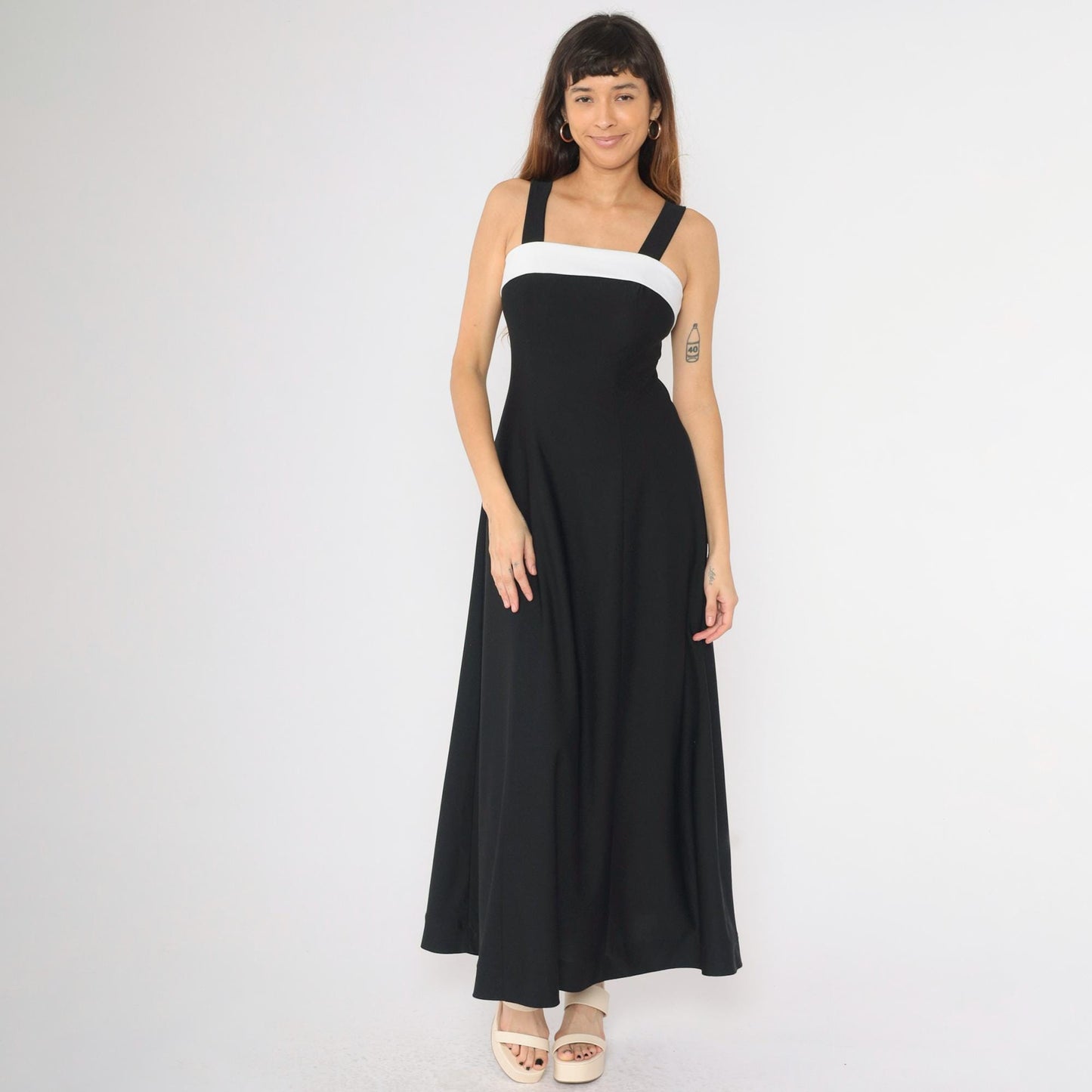 Y2K Black Maxi Dress White Chest Panel Square Neck Sleeveless Small 4