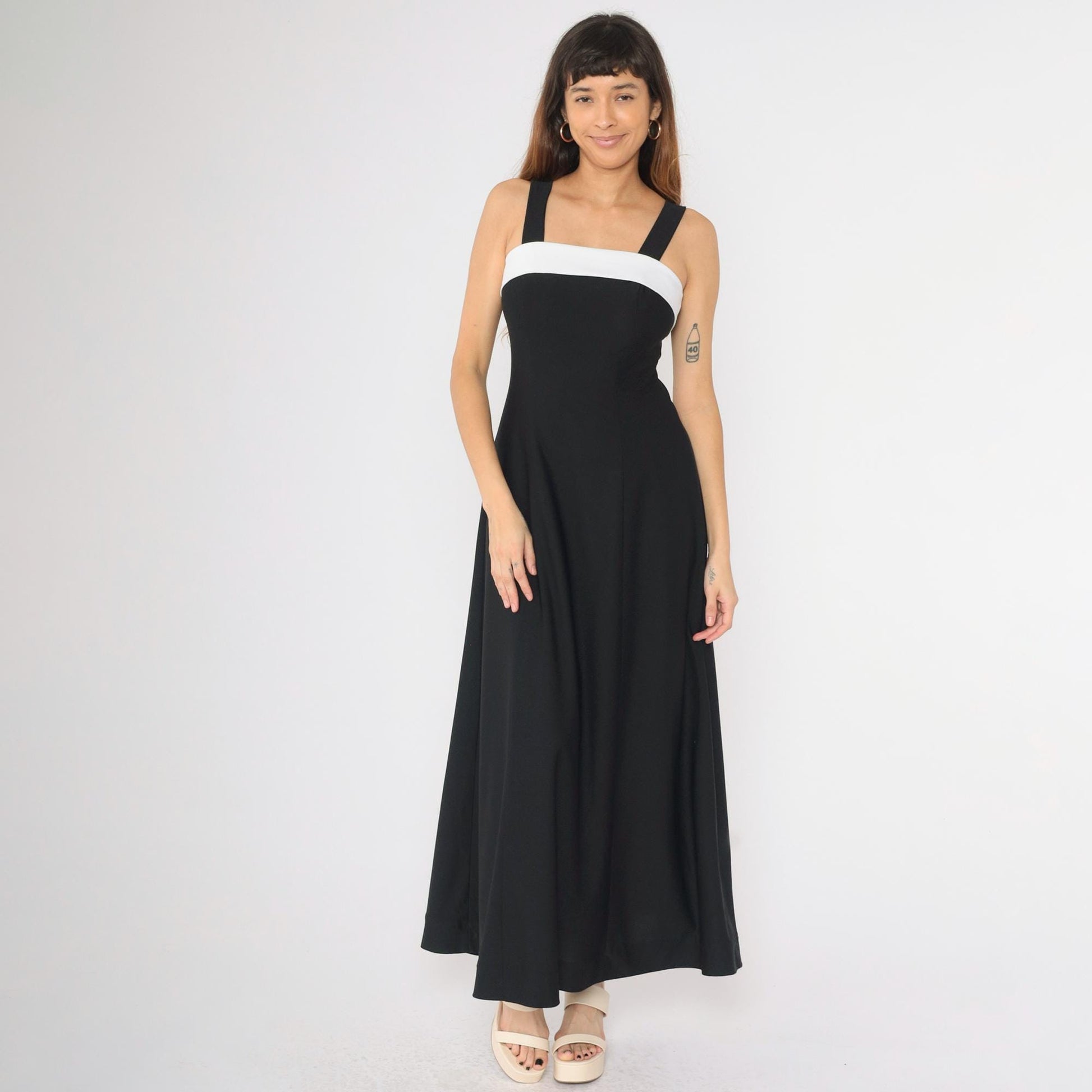 Y2K Black Maxi Dress White Chest Panel Square Neck Sleeveless Small 4