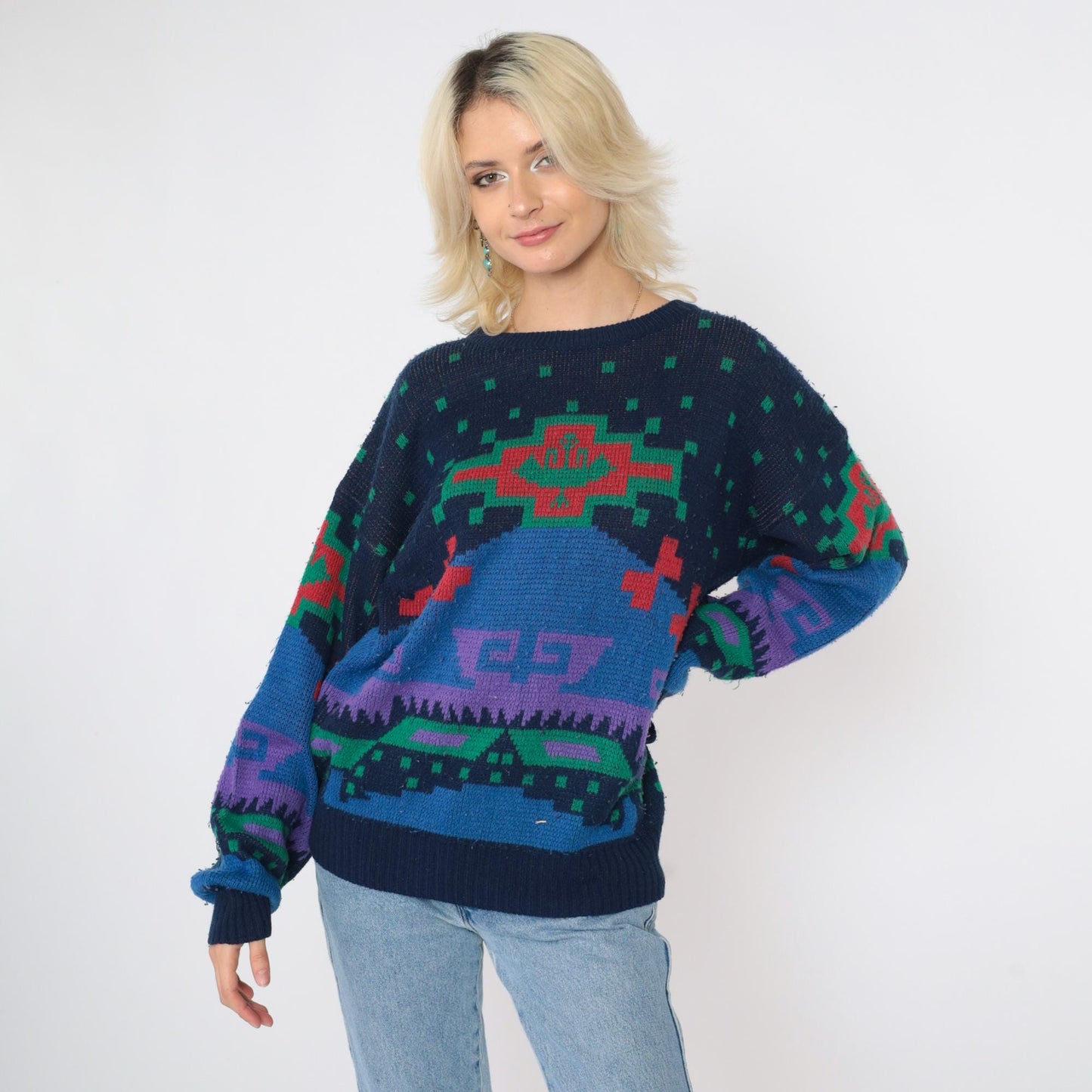 80s Sergio Geometric Sweater Navy Blue Red Green Abstract Crewneck Medium