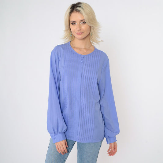80s Periwinkle Pleated Blouse Long Sleeve Button Front Shirt Large