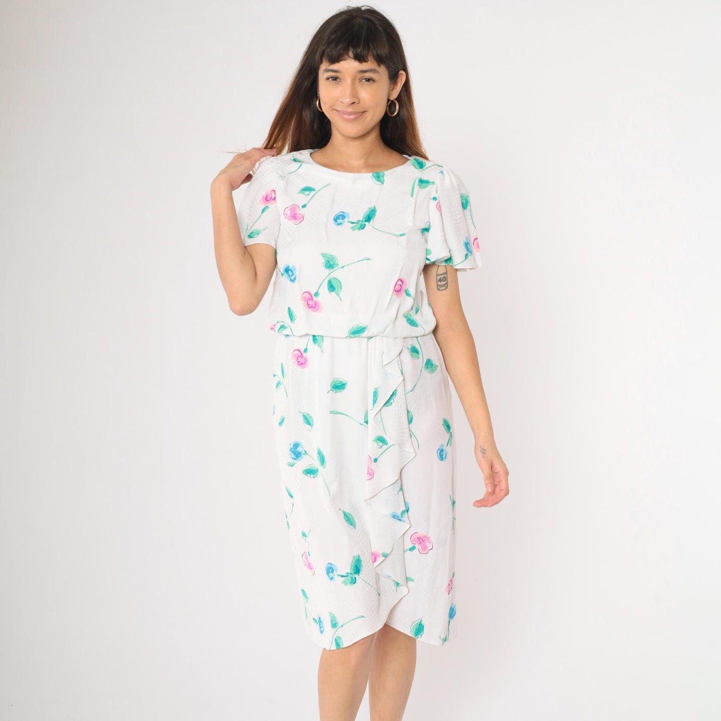 1970s Floral Checkered Jacquard Midi Dress White Flutter Sleeve Blouson Small