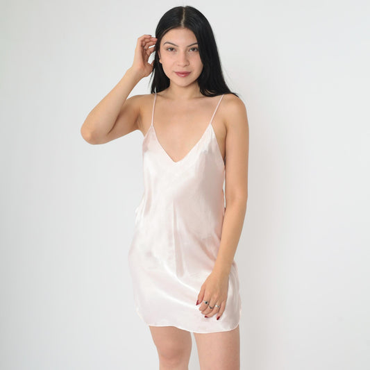 90s Baby Pink Satin Slip Dress V-Neck Spaghetti Strap Mini Medium M