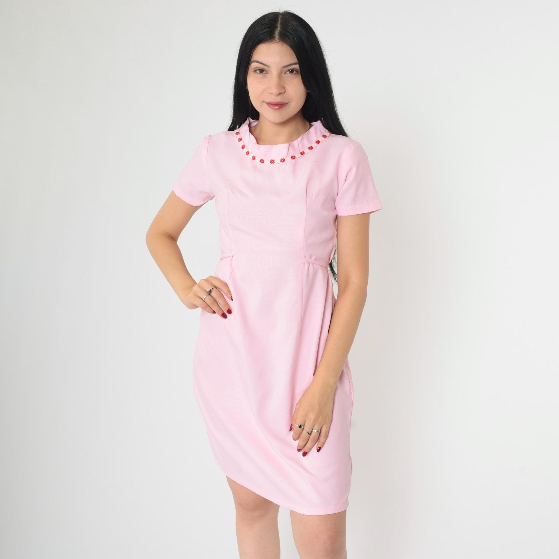 1960s Pink Mod Shift Dress Embroidered Collar Textured Print Tie Waist Small