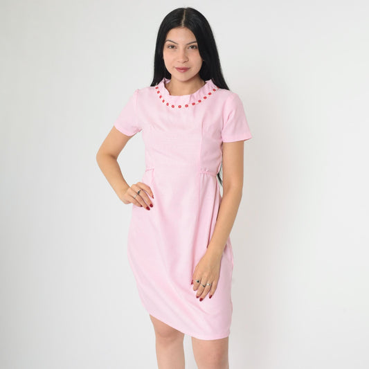 1960s Pink Mod Shift Dress Embroidered Collar Textured Print Tie Waist Small