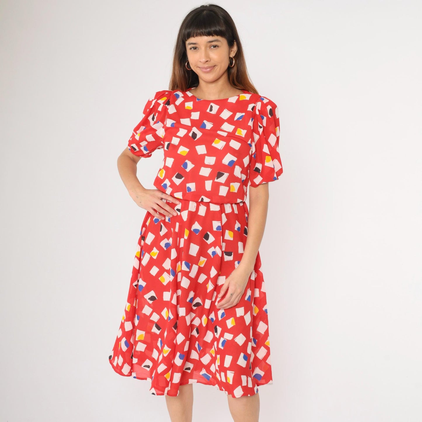 80s L Rothschild Red Abstract Geometric Midi Dress Puff Sleeve Medium