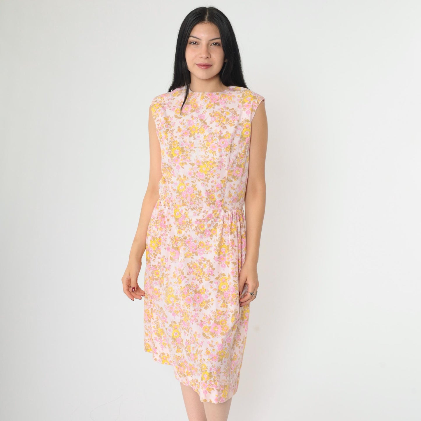1960s Mod Floral Midi Dress Pink Yellow High Waist Sleeveless Medium