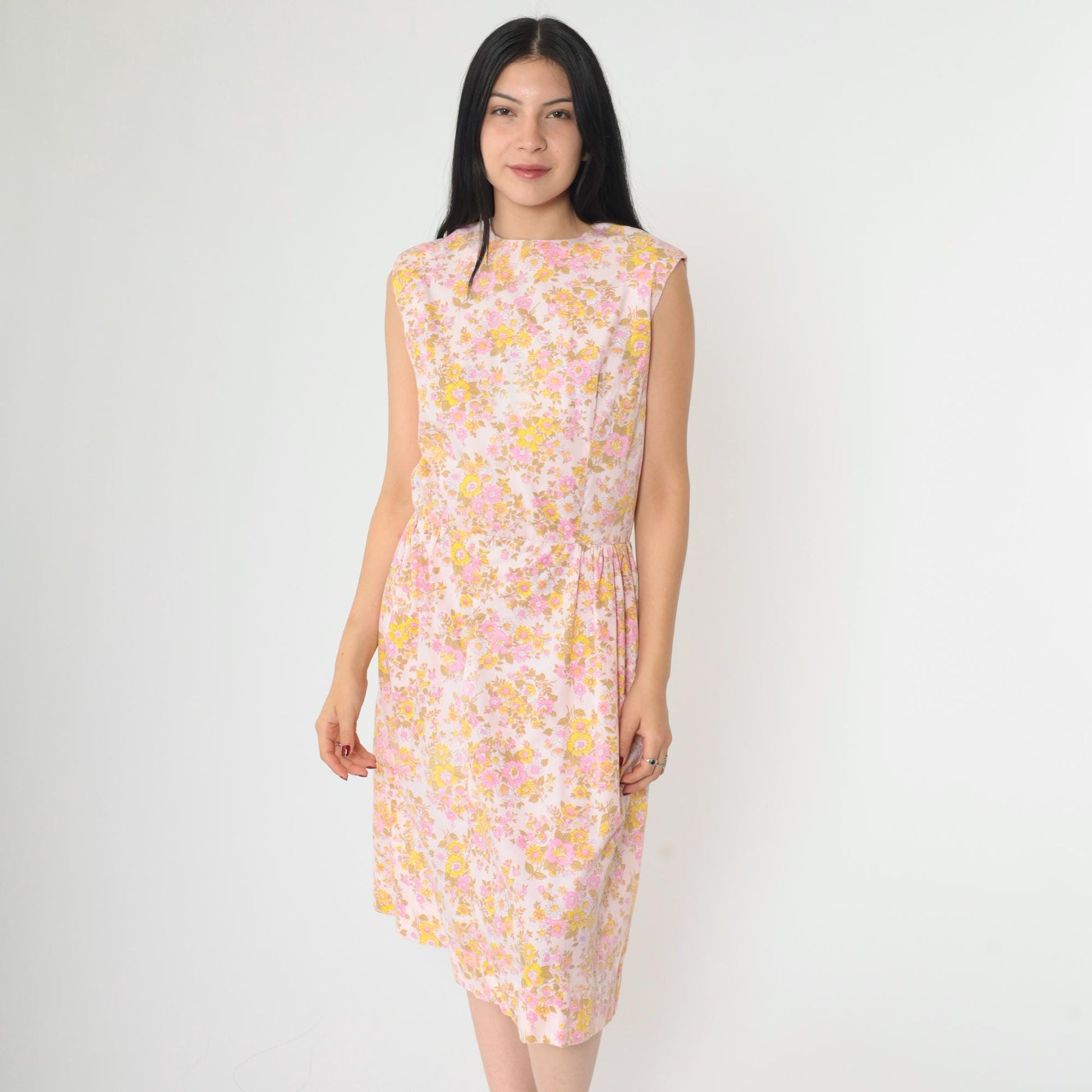 1960s Mod Floral Midi Dress Pink Yellow High Waist Sleeveless Medium