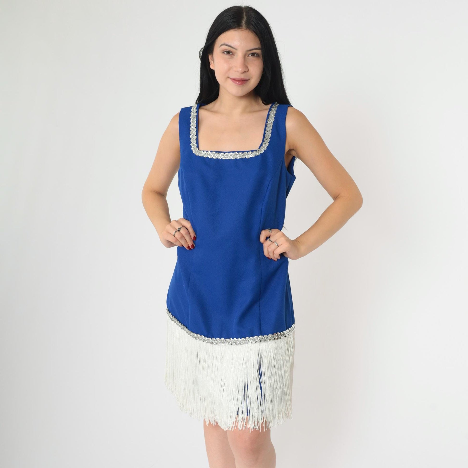 90s Royal Blue Fringe Sequin Mini Dress Square Neck Sleeveless Small