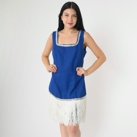 90s Royal Blue Fringe Sequin Mini Dress Square Neck Sleeveless Small
