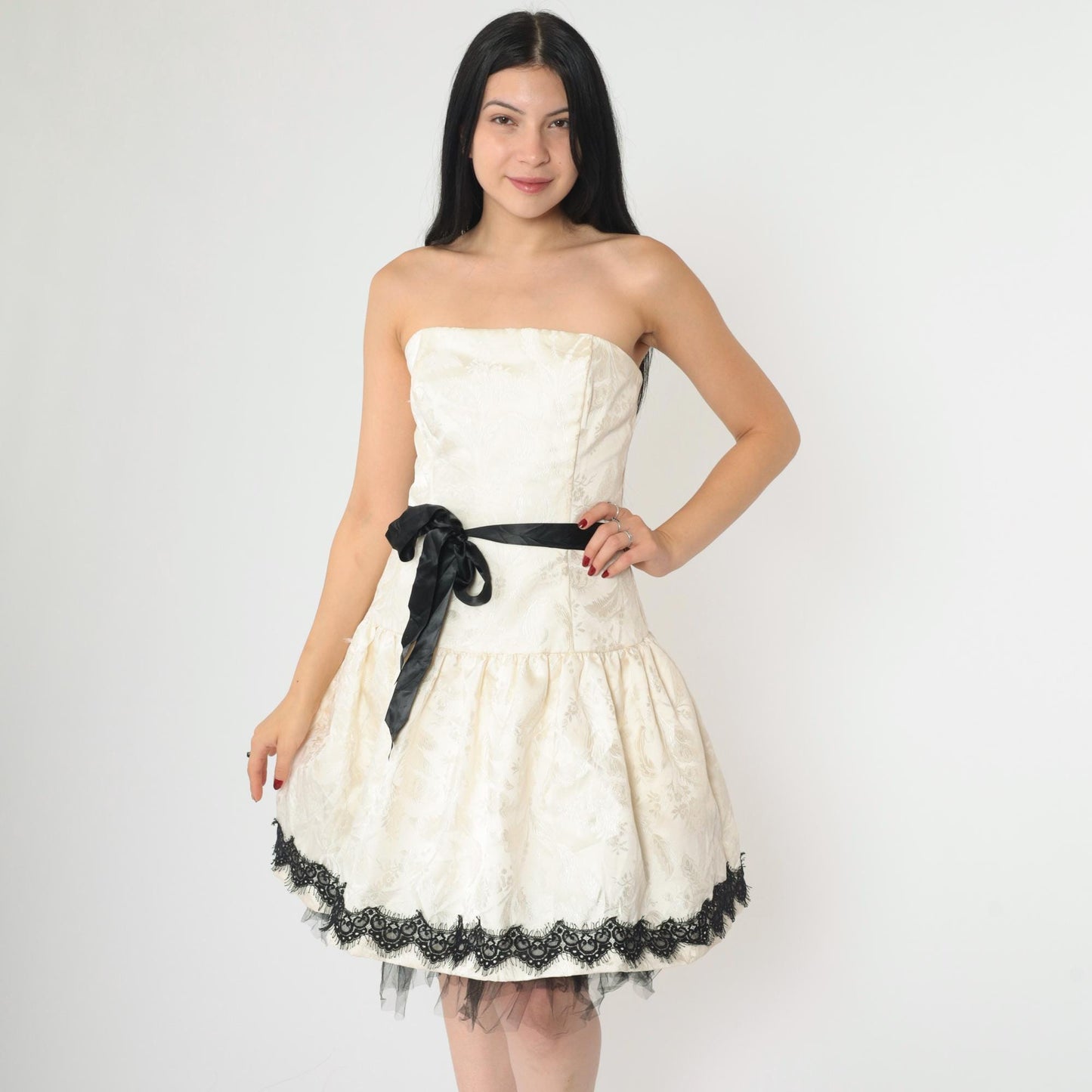 90s Jessica McClintock Ivory Jacquard Strapless Dress Black Lace Tulle Medium