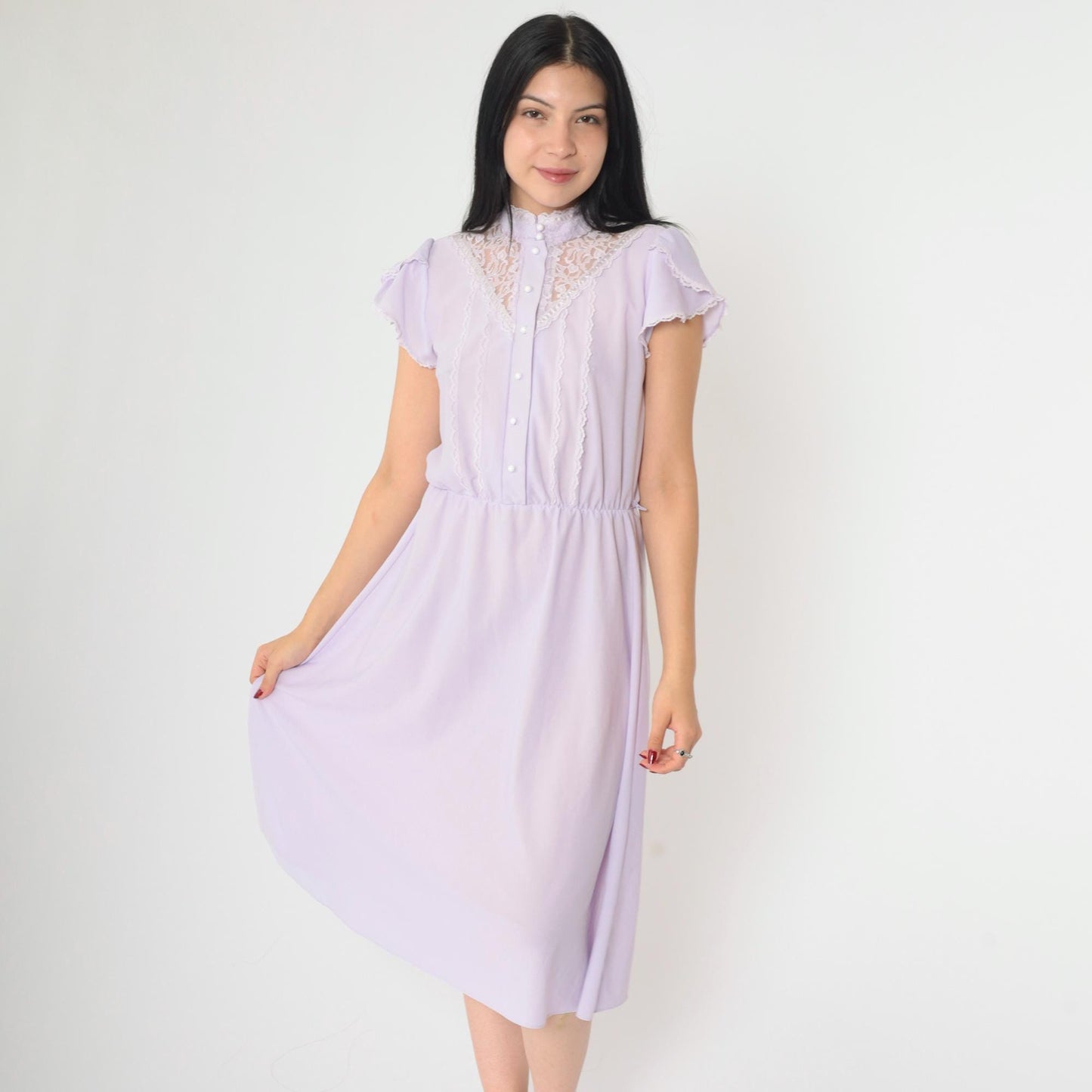 70s Lavender Midi Dress Lace Yoke Button Front Tulip Sleeve Small