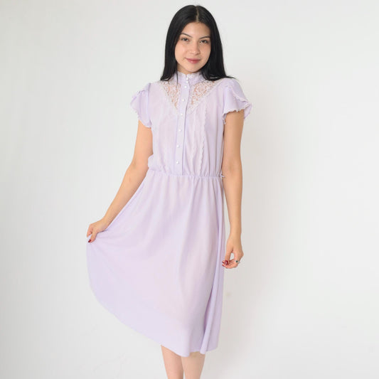 70s Lavender Midi Dress Lace Yoke Button Front Tulip Sleeve Small