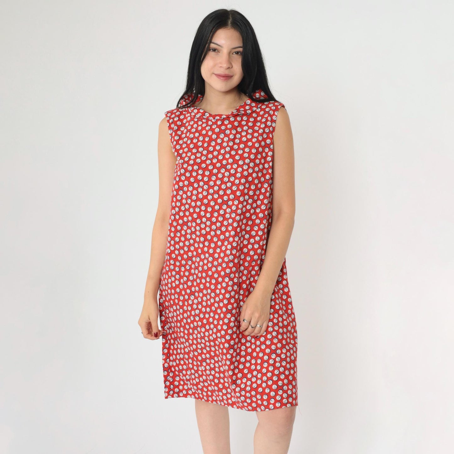 1960s Nautical Anchor Print Shift Dress Red Mini Sleeveless Medium M