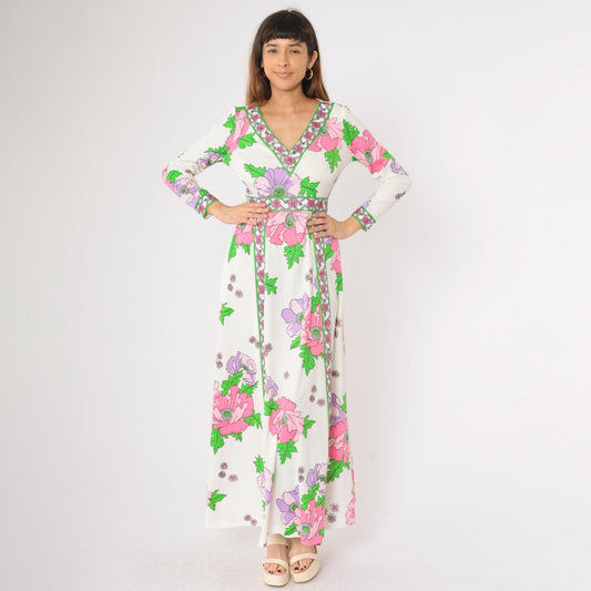 70s Floral Maxi Dress White Pink Purple Green V-Neck Long Sleeve Medium M