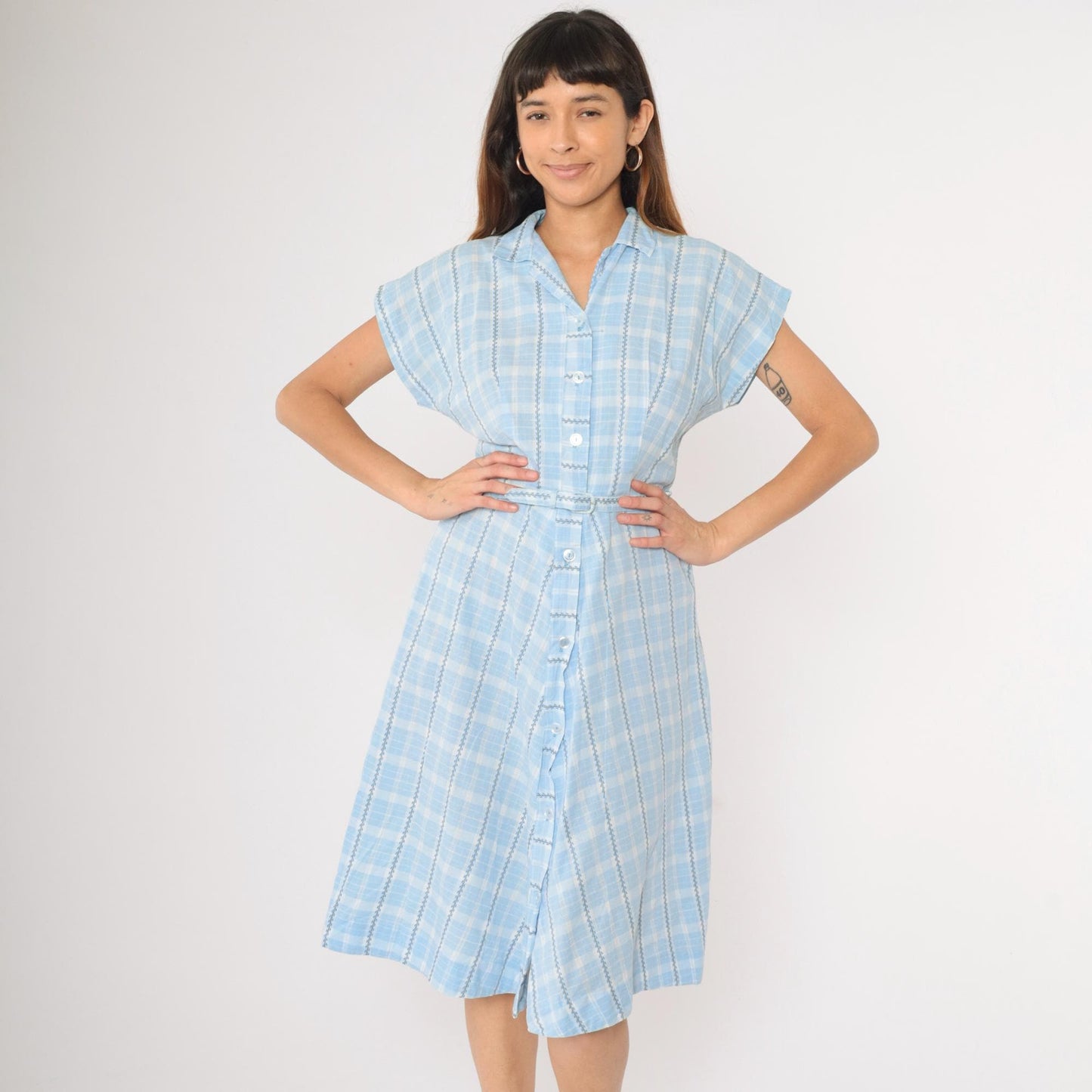 60s Brentwood Frocks Light Blue Plaid Shirtdress High Waist Button Front Small