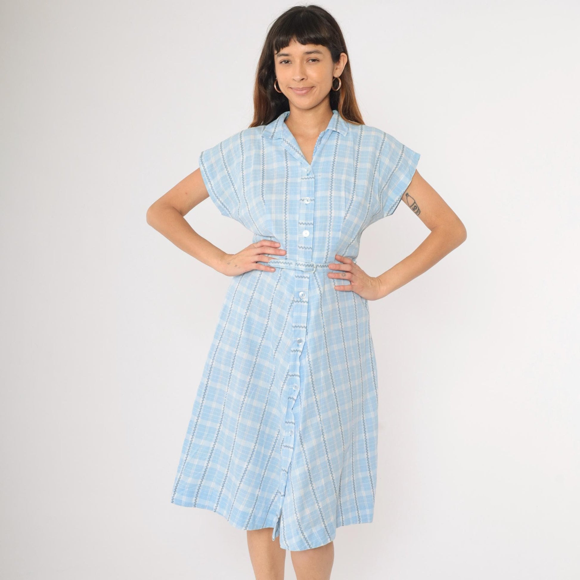 60s Brentwood Frocks Light Blue Plaid Shirtdress High Waist Button Front Small