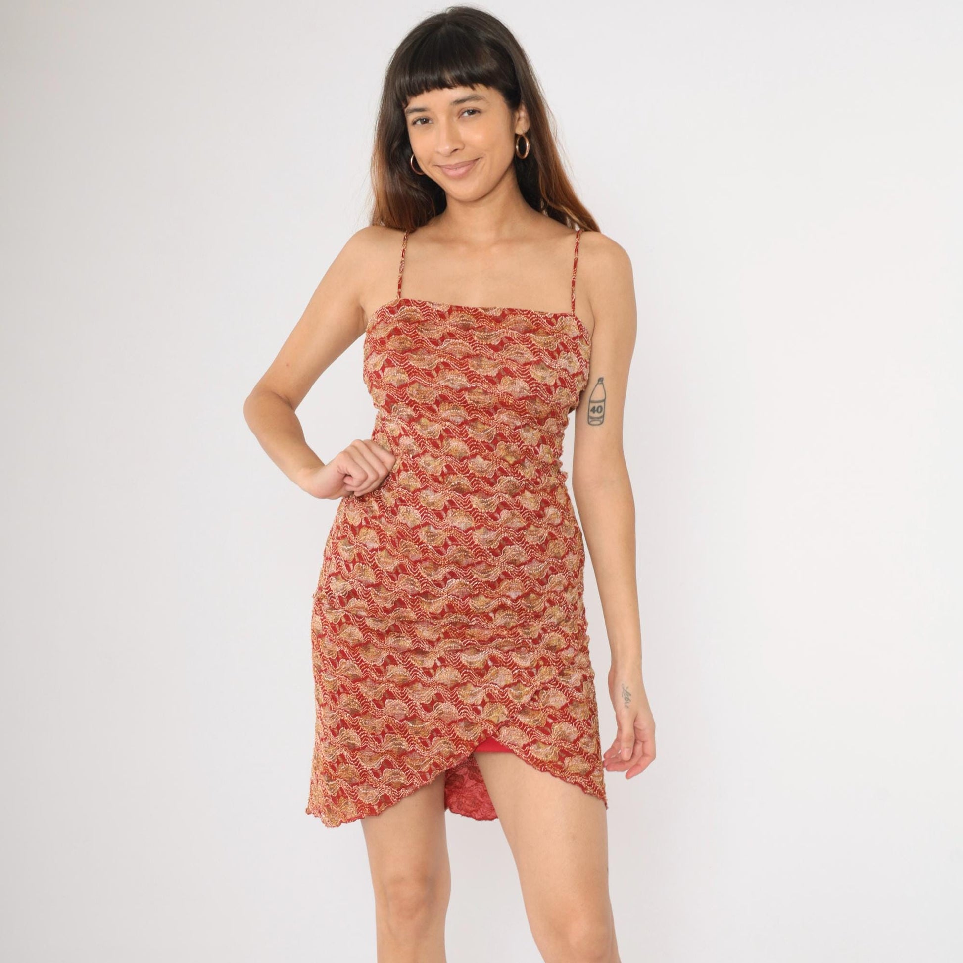 90s Red Gold Lace Strapless Mini Dress Tulip Hem Bodycon Medium M