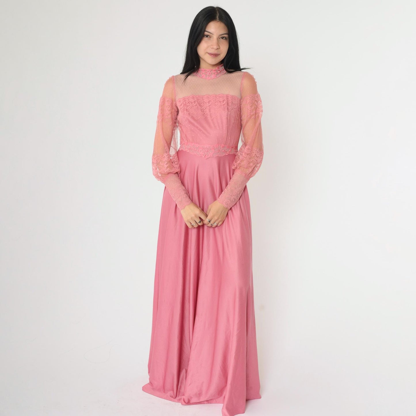 70s Pink Lace Maxi Dress High Neck Balloon Sleeve Small 4