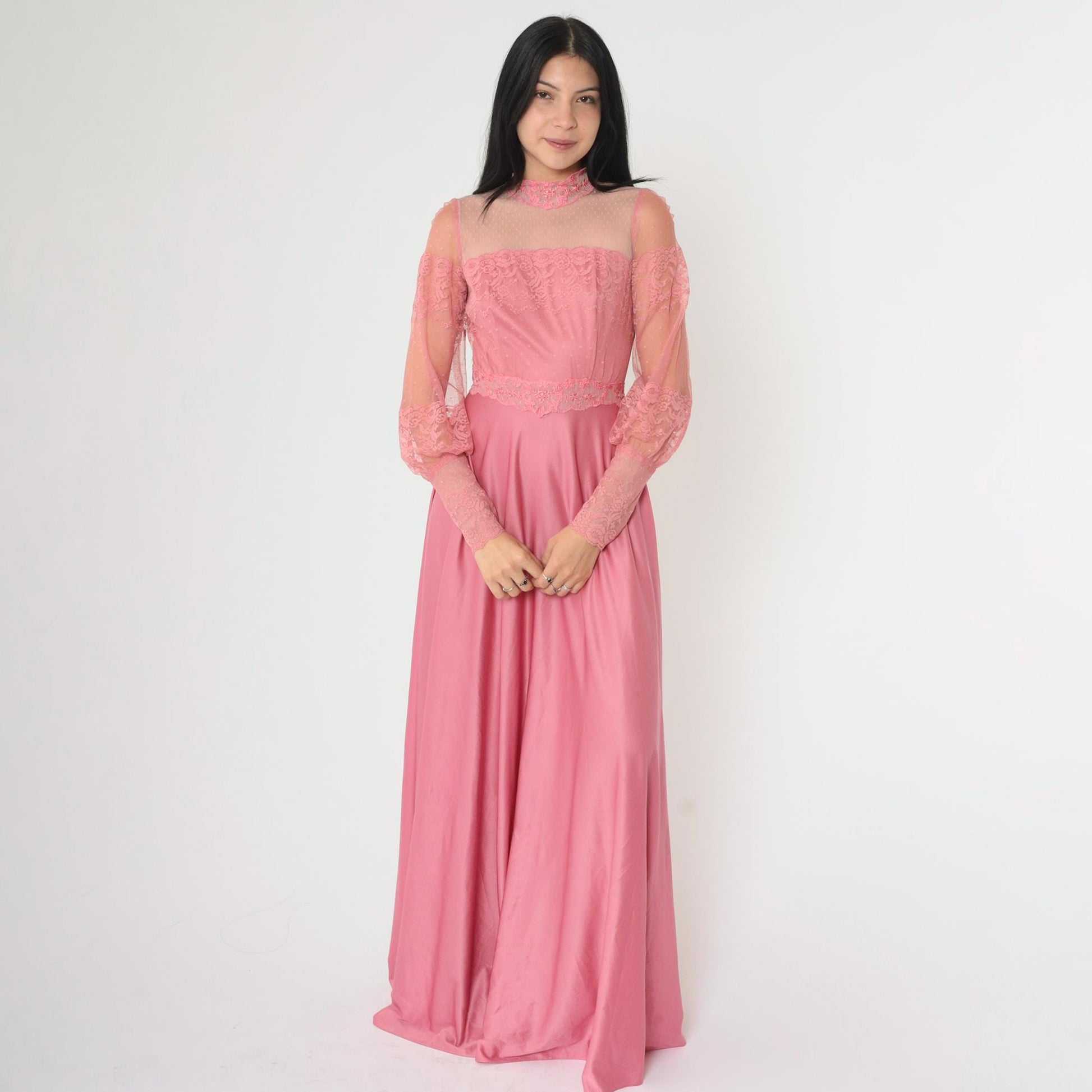 70s Pink Lace Maxi Dress High Neck Balloon Sleeve Small 4