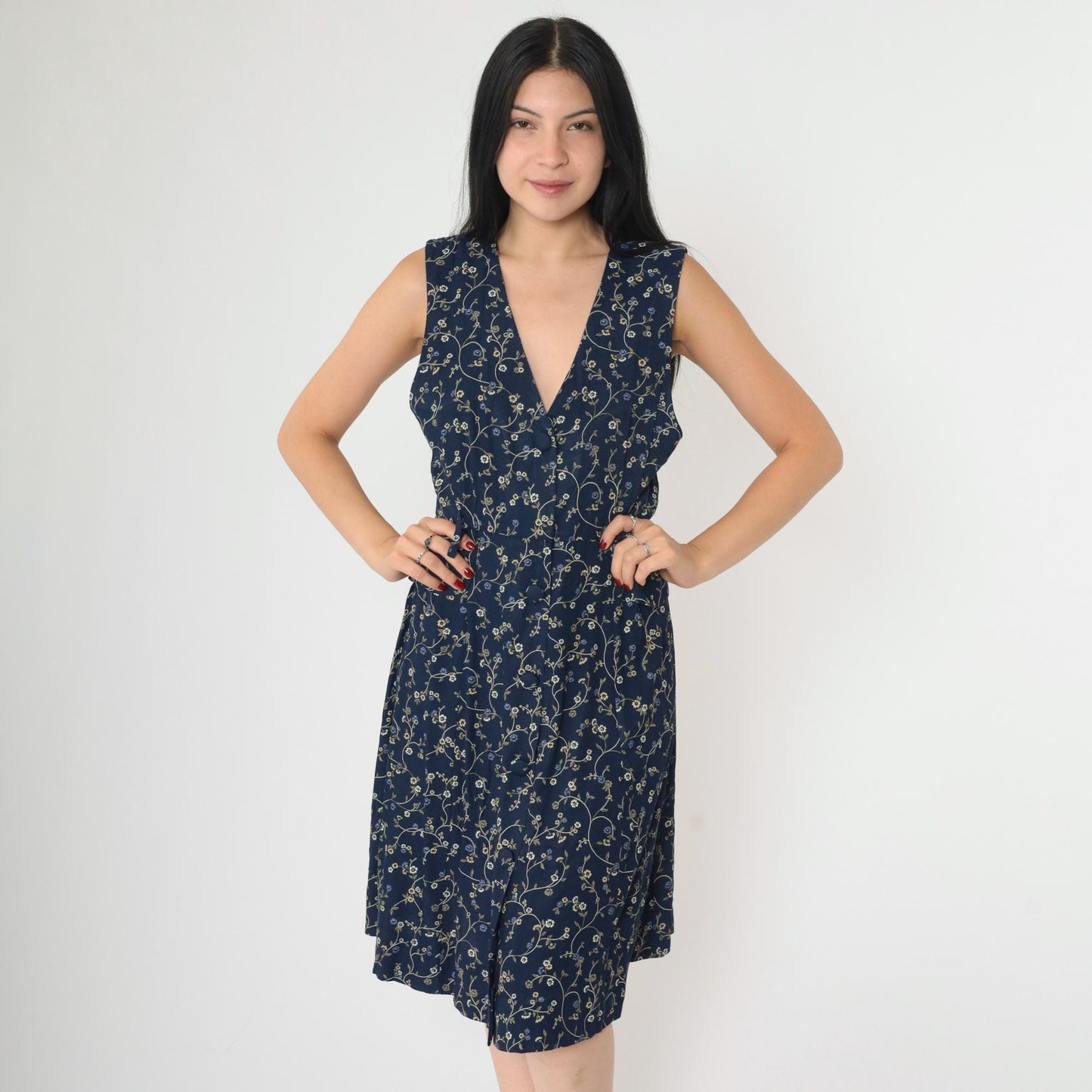 90s Navy Floral Jumper Dress Sleeveless V-Neck Mini Button-Up Small