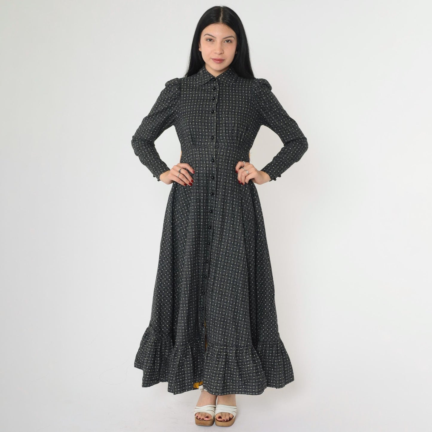70s Black Floral Maxi Dress Peter Pan Collar Puff Sleeve High Waist Small