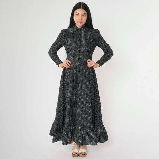 70s Black Floral Maxi Dress Peter Pan Collar Puff Sleeve High Waist Small