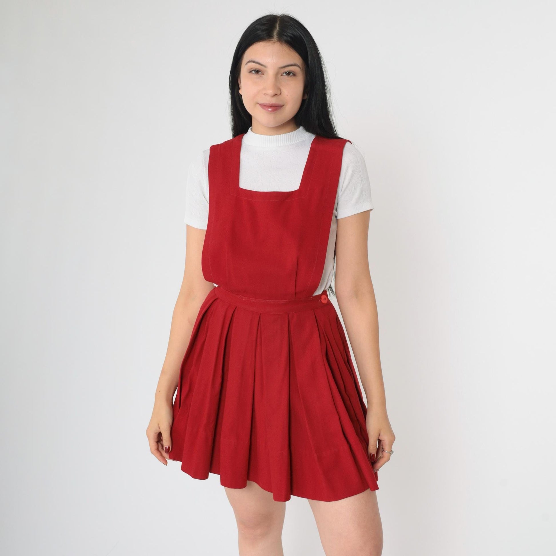 70s Red Pleated Mini Jumper Dress High Waist Pinafore Small