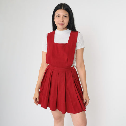 70s Red Pleated Mini Jumper Dress High Waist Pinafore Small