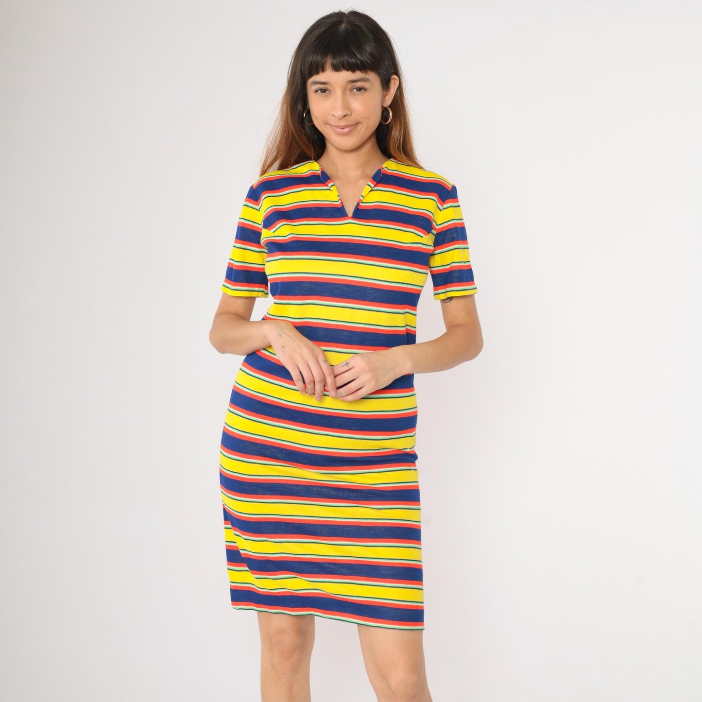 70s Striped Knit Mini Dress Yellow Navy Red Notched Neck Small Medium