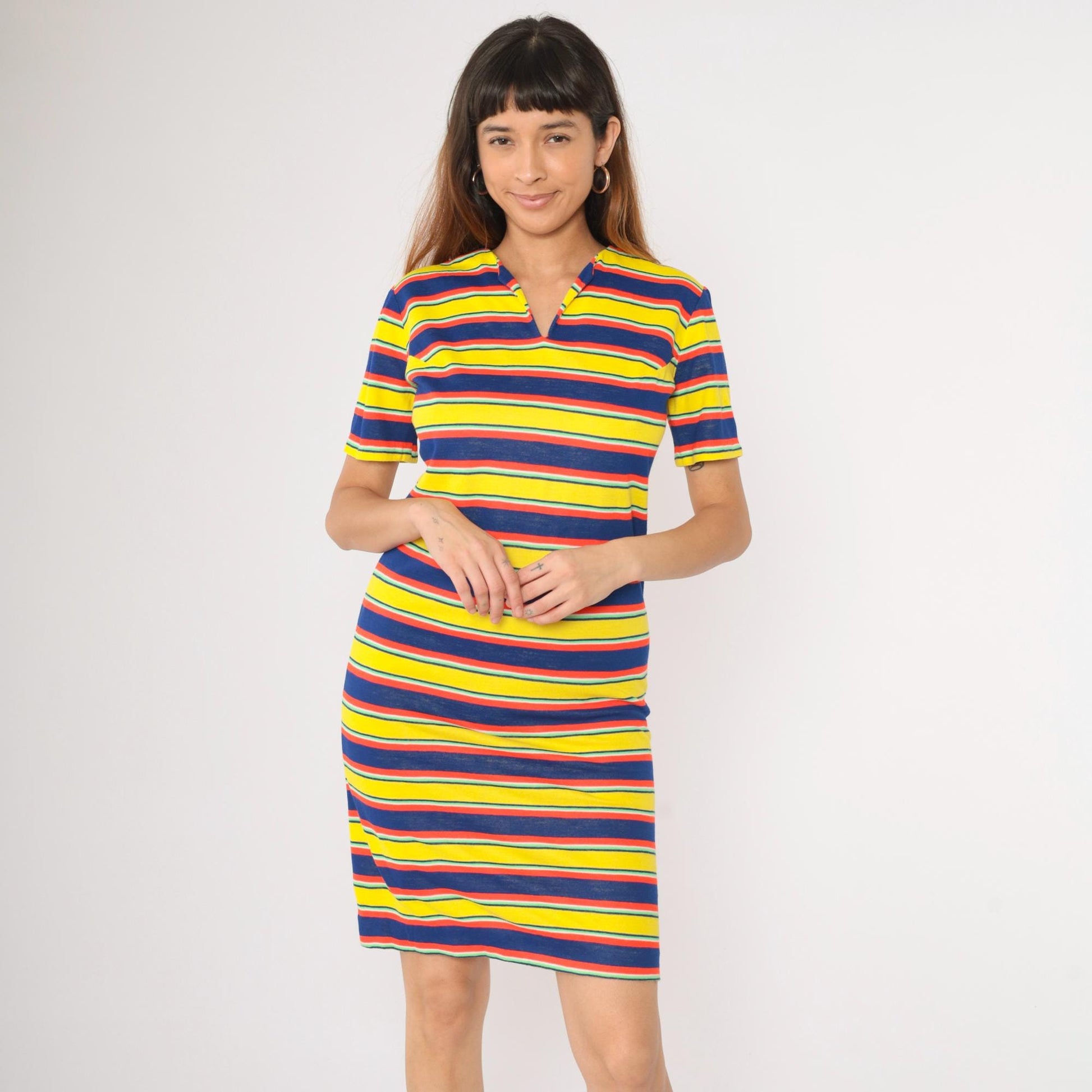 70s Striped Knit Mini Dress Yellow Navy Red Notched Neck Small Medium