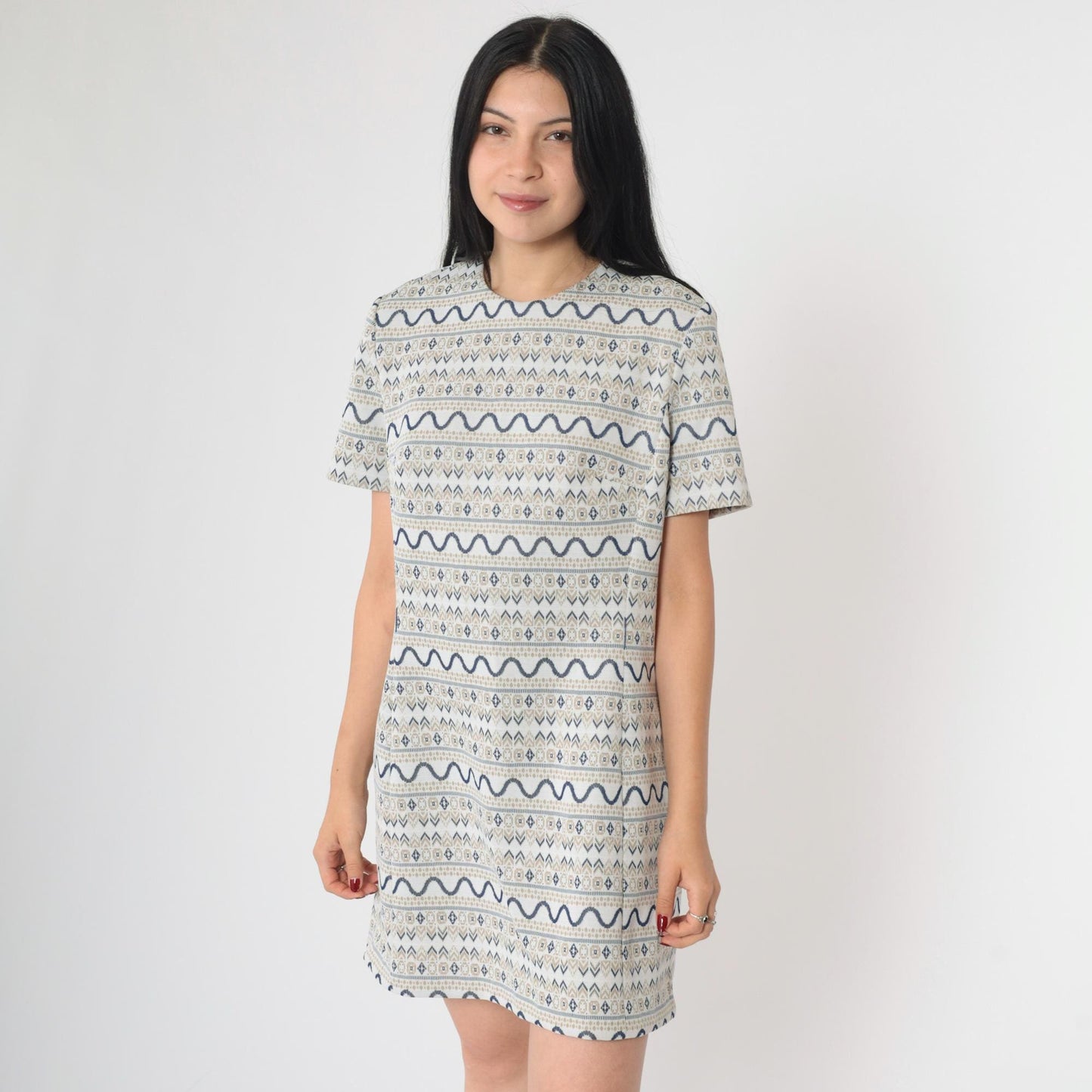 60s Geometric Shift Mini Dress Grey Navy Tan Short Sleeve Medium