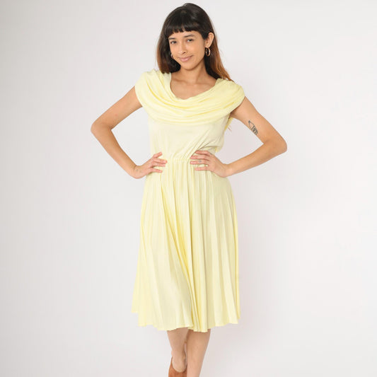 70s Vicky Vaughn Junior Yellow Cowl Neck Midi Dress Pleated Sleeveless Medium M