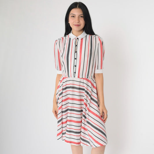80s Striped Puff Sleeve Dress White Red Black Knee Length Button Up Medium