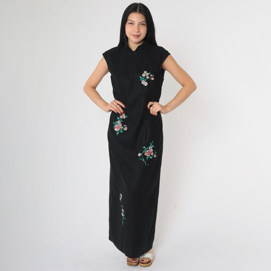 90s Dress Barn Cheongsam Maxi Black Floral Embroidered Mandarin Collar Medium 8