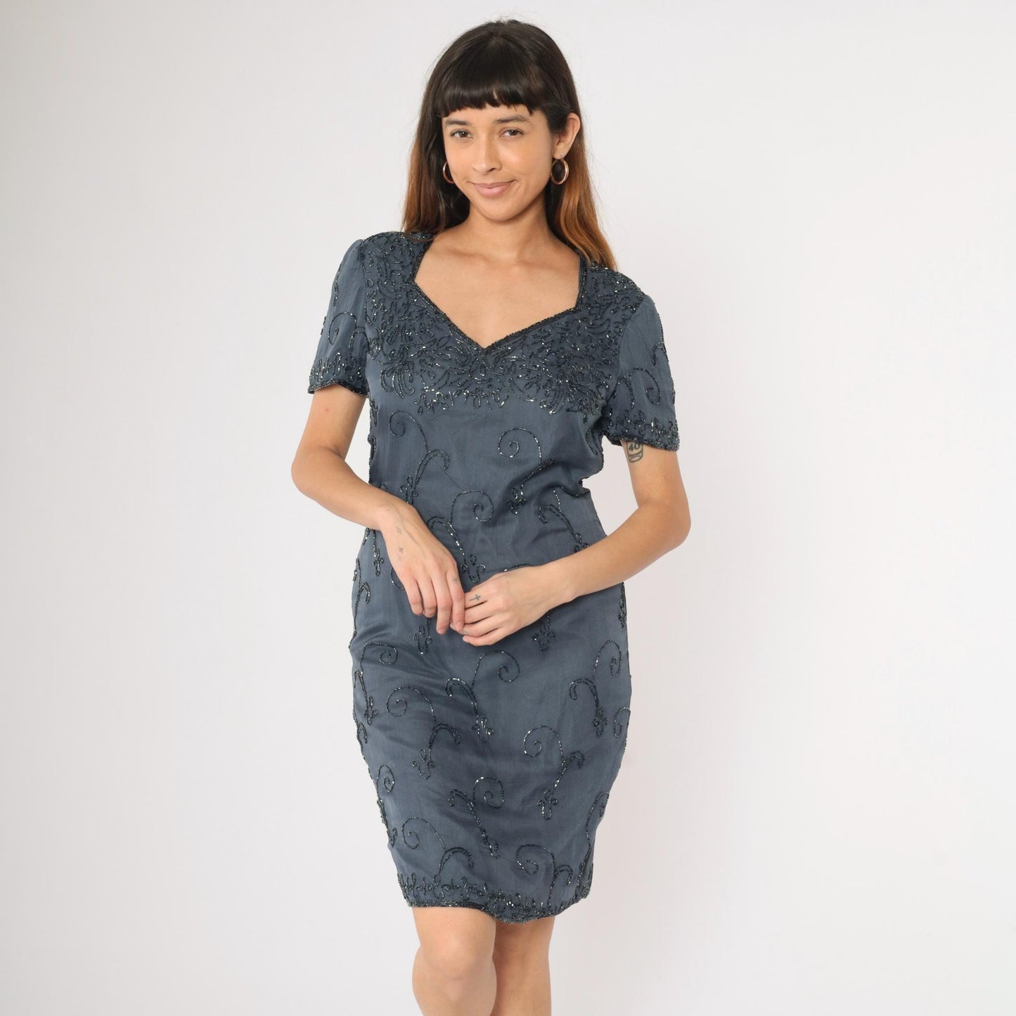 90s JMD New York Grey Silk Beaded Sheath Dress Sweetheart Neckline Small S