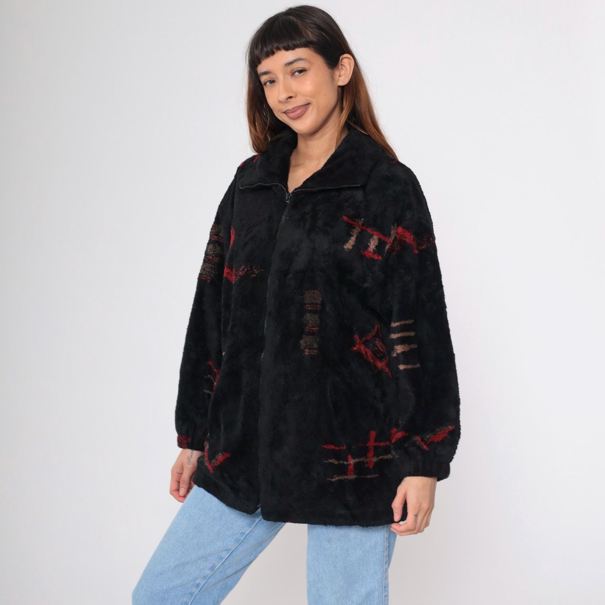 90s Forecaster Fleece Jacket Black Abstract Geometric Zip Up Extra Small